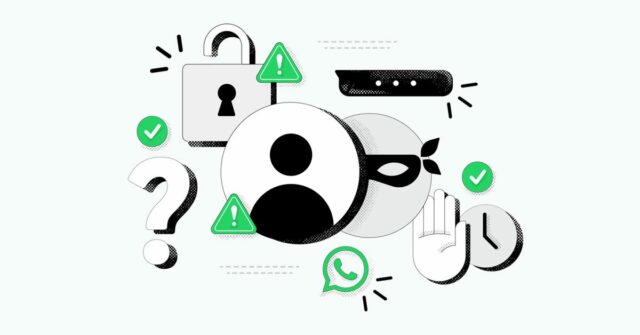 A Meta apresenta novas ferramentas para ajudar a identificar mensagens fraudulentas no WhatsApp | Gráficos promocionais em estilo de desenho animado com cadeados e uma figura mascarada