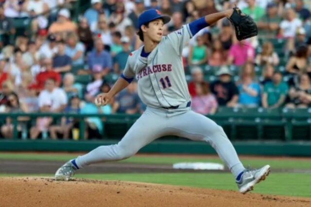 Jonah Tong marcou 5 2/3 das entradas sem gol na vitória do Syracuse Mets por 5-0 no Rochester Red Wings em 16 de agosto de 2025.