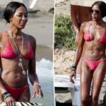 Naomi Campbell, 55 anos, exiba uma figura moderada em um pequeno biquíni, fazendo um respingo em Ibiza