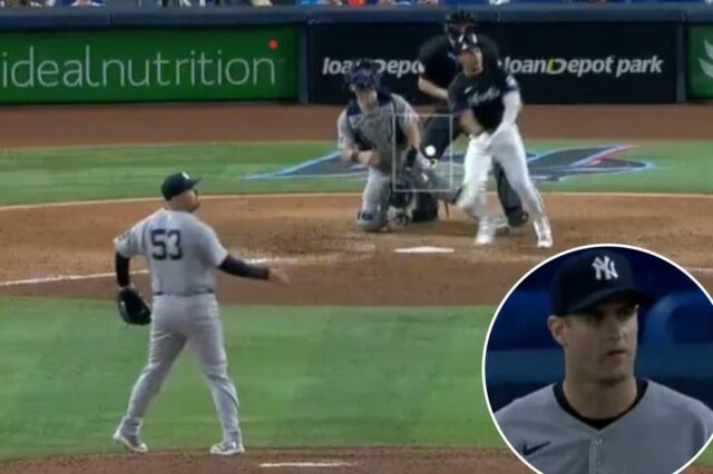 David Bednar renuncia ao solo Homer para Javier Samoja na sétima rodada de Yankees '13 -12, perdas de 10 polegadas de Marlinów em 1º de agosto de 2025.