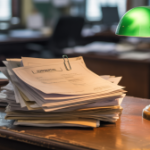 Uma fotografia de uma mesa de escritório de madeira gasta cheia de uma pilha desorganizada de documentos rotulados