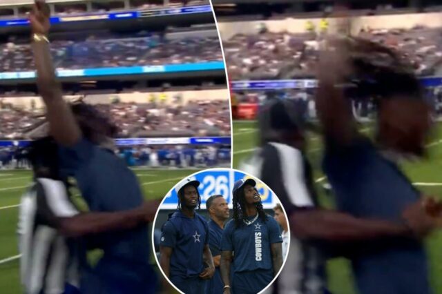 O Star Cowboys Ceddee Lamb é um grande sucesso de Springing Official durante a estadia na linha lateral

