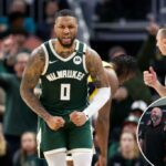 Damian Lillard reage depois que causou o comércio de Indiana Pacers na primeira rodada de Play -fs NBA 2025 no Fórum Fiserv em 25 de abril de 2025 em Milwaukee, Wisconsin.