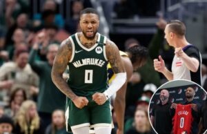 O agente Damian Lillard rasga os dólares após uma saída desleixada Damian Lillard reage depois que causou o comércio de Indiana Pacers na primeira rodada de Play -fs NBA 2025 no Fórum Fiserv em 25 de abril de 2025 em Milwaukee, Wisconsin.