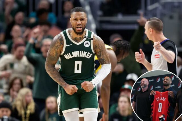 Damian Lillard reage depois que causou o comércio de Indiana Pacers na primeira rodada de Play -fs NBA 2025 no Fórum Fiserv em 25 de abril de 2025 em Milwaukee, Wisconsin. 