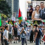 Os noivos posam para uma foto durante o protesto.