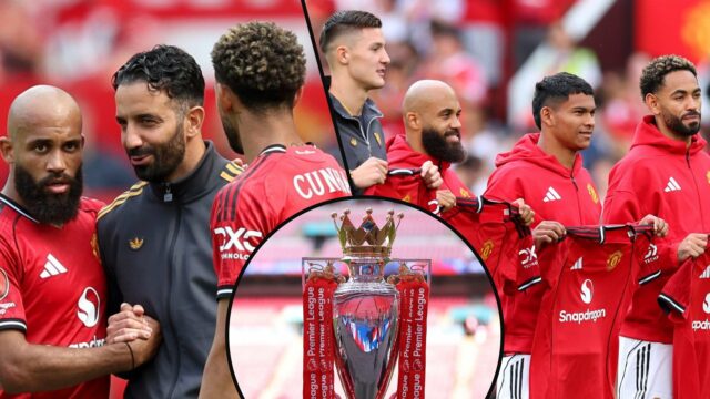 Brian Mbumo e Matheus Kuna interagem com Ruben Amonim durante a partida amigável da pré -temporada entre o Manchester United e a Fiorentina em Old Trafford em 2025 em Manchester, Inglaterra.