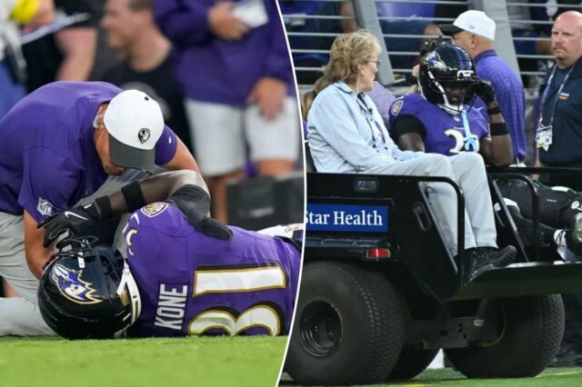 O estreante do Ravens Bilhal Kone desaparafusou com a lesão no joelho que terminou a temporada

