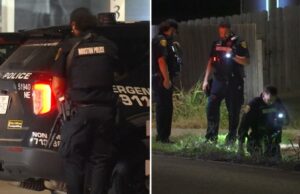O garoto de 11 anos supostamente atirou e morto pelo proprietário enquanto jogava ‘Ding Dong Ditch’ Policiais investigando uma cena de crime à noite.