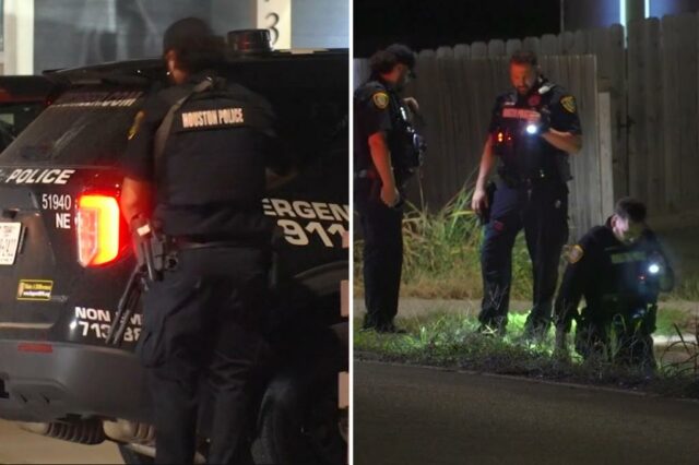 Policiais investigando uma cena de crime à noite.