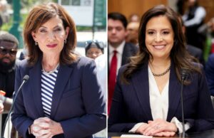 O governador Hochul apenas executa um relatório Kathy Hochul fala no pódio ao mudar o nome da estação ferroviária da 110th Street.