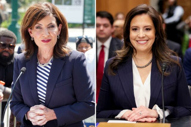 Kathy Hochul fala no pódio ao mudar o nome da estação ferroviária da 110th Street.