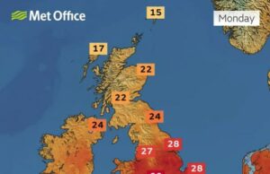 O mapa meteorológico revela onde atingirá 30c Heat amanhã, quando o Reino Unido está pendurado para a quarta abelha de aquecimento deste ano Um mapa meteorológico revelou os lugares que atingirão o calor de 30 ° C na segunda -feira, quando o Reino Unido se bate no quarto calor do ano