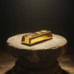 Uma foto de uma única haste brilhante de ouro puro descanso em um pedestal empoeirado em uma sala completamente escura. O feixe dourado tem cerca de 12 centímetros de comprimento, como resultado das dicas mais fracas de luz invisível e listras sutis ao longo da superfície. O pedestal é feito de pedra desatualizada e acrescenta uma sensação de história e mistério à cena e está centrado no espaço de inclinação. Um único raio de luz direcionada enfatiza o ouro, criando sombras dramáticas e enfatiza o brilho radiante.