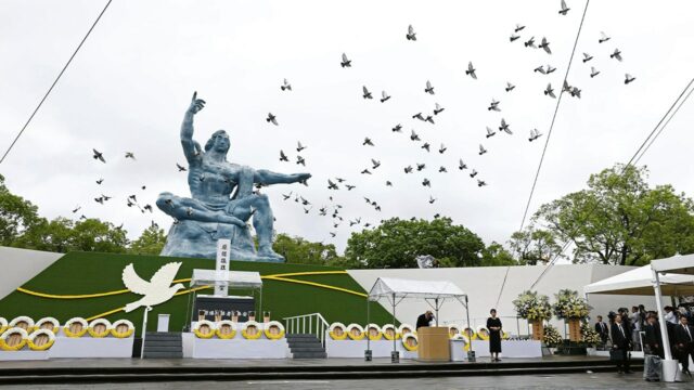 O prefeito Nagasaki emite um resfriamento do aviso do 80º aniversário do bombardeio atômico

