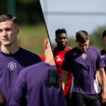 Benjamin Sesso em ação durante uma sessão de treinamento em Manchester, em Manchester, no Complexo de Treinamento de Carrington, em 2025, em Manchester, Inglaterra.