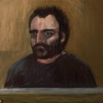 A impressão de um artista de Ross Judd, 34, que liderou o tribunal hoje acusado de dois projetos de lei de assassinato