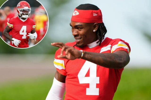 Kansas City chefes um grande receptor de Rashee Rice em um campo de treinamento.