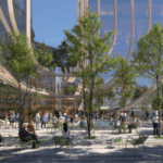 O Soloviev Group e Mohegan, desenvolvedores do local proposto para o Freedom Plaza Entertainment and Gaming Local em Nova York, assinaram um memorando de entendimento com o Conselho da Cidade de Nova York sobre jogos de azar (NYCPG). Uma praça urbana animada com pessoas sentadas em cadeiras verdes e socializando sob a sombra das árvores. O pano de fundo é um edifício moderno de vidro curvado com barbatanas arquitetônicas verticais. A fachada de vidro reflete o céu e o ambiente, e as palavras