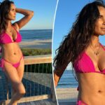 Padma Lakshmi, 54, balançando biquíni rosa quente depois de expressar choque por causa de seus novos seios "enormes"