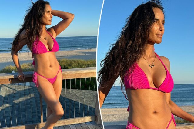 Padma Lakshmi, 54, balançando biquíni rosa quente depois de expressar choque por causa de seus novos seios "enormes"

