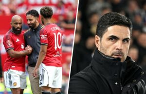 Perguntas -chave para Man Utd vs Arsenal Novas assinaturas, meia -noite, registro na cabeça Brian Mbumo e Matheus Kuna interagem com Ruben Amonim durante a partida amigável da pré -temporada entre o Manchester United e a Fiorentina em Old Trafford em 2025 em Manchester, Inglaterra.