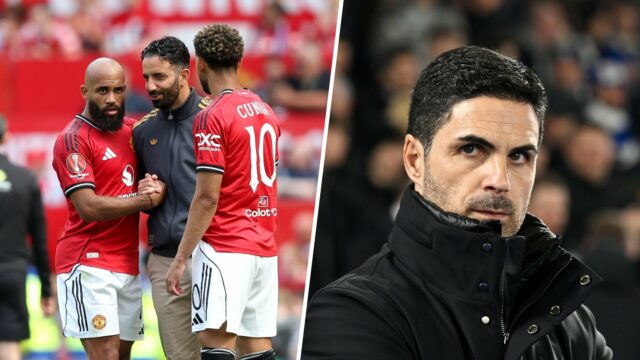 Brian Mbumo e Matheus Kuna interagem com Ruben Amonim durante a partida amigável da pré -temporada entre o Manchester United e a Fiorentina em Old Trafford em 2025 em Manchester, Inglaterra.