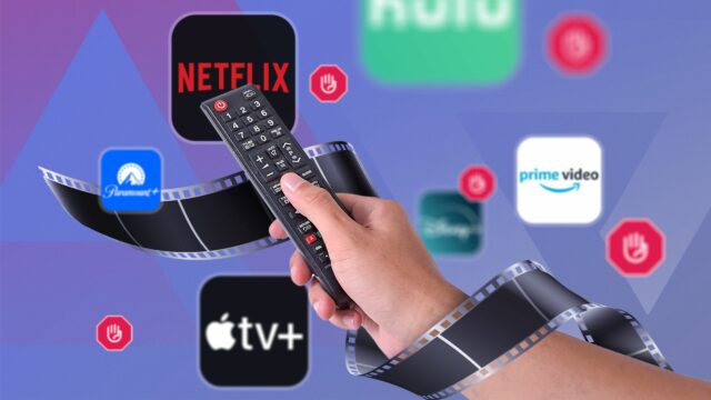 Um balde de pipoca com diferentes logotipos de serviço de streaming ao seu redor.