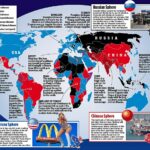 Nosso mapa revela esse equilíbrio de poder variável e as regiões mais contestadas. O azul representa os Estados Unidos e países durante sua vez - incluindo a maior parte da Europa. O vermelho é para a China e o preto é a Federação Russa