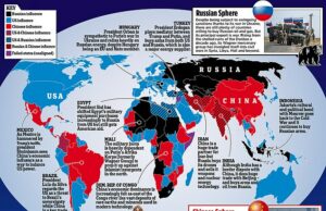 Quem ganha a corrida pelo domínio global? Especialistas explicam como três “Super-Gos” esculpam os continentes entre eles que eles deixam o Reino Unido e a UE como peças de jogadores Nosso mapa revela esse equilíbrio de poder variável e as regiões mais contestadas. O azul representa os Estados Unidos e países durante sua vez - incluindo a maior parte da Europa. O vermelho é para a China e o preto é a Federação Russa