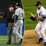 Roger Clemens Fields Broken Bat de Mike Piazza durante a 2ª série Subway World Series em 22 de outubro de 2000.
