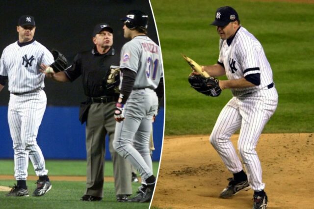Roger Clemens Fields Broken Bat de Mike Piazza durante a 2ª série Subway World Series em 22 de outubro de 2000. 
