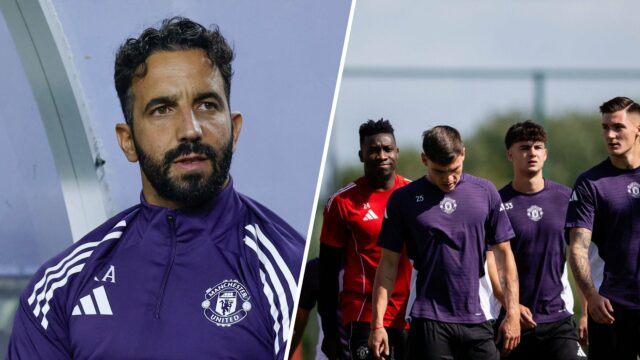 O gerente do Manchester United, Ruben Amorim, olha do banco antes da partida de futebol da Premier League entre o Manchester United e o Bournemut de soldados em Chicago, Illinois, em 2025.