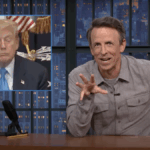 Seth Meyers responde alegremente a imagens de Trump que assentem no trabalho