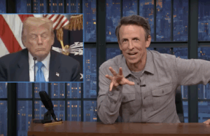 Seth Meyers responde alegremente a imagens de Trump que assentem no trabalho Seth Meyers responde alegremente a imagens de Trump que assentem no trabalho