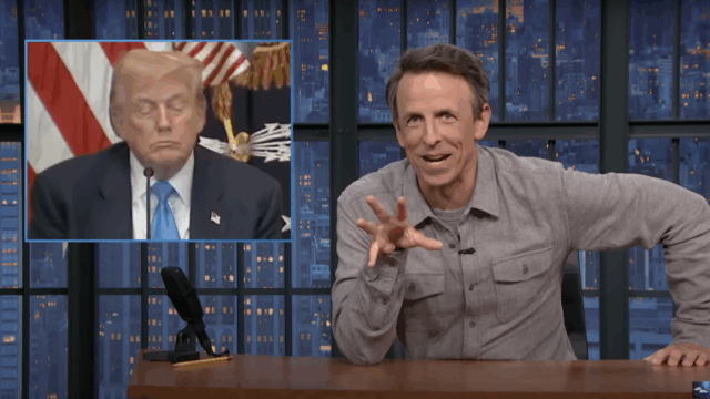 Seth Meyers responde alegremente a imagens de Trump que assentem no trabalho

