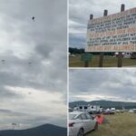 Alguns pára -quedistas descendem sob um céu nublado.