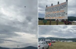 Skydiver morto após uma colisão no ar com outro saltador no festival de Montana – marcando o quarto acidente fatal lá em 15 anos Alguns pára -quedistas descendem sob um céu nublado.