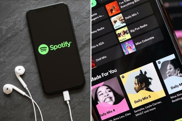 iPhone exibindo o logotipo do Spotify e os holofotes.