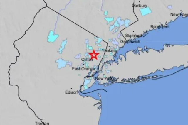 Mapa de intensidade de terremoto em Nova Jersey.
