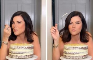 Tiffani Thiessen, ex -aluno de ‘salvo pela campainha’, come bolo nu, em frente à câmera. 081925_Tiffani_thiesen_kal