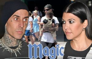 Travis Barker segura Kid Rocky, fica com a casa no Magic Kingdom Travis Barker Kourtney Kardashian Rocky Disney Magic Kingdom Main Getty TMZ Composite