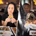 O carro colide com influenciadores alimentares enquanto estão comendo em vídeo no restaurante