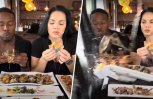 Um carro cai pela janela de um restaurante durante uma resenha de filme O carro colide com influenciadores alimentares enquanto estão comendo em vídeo no restaurante