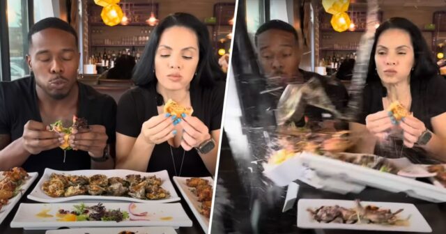 O carro colide com influenciadores alimentares enquanto estão comendo em vídeo no restaurante