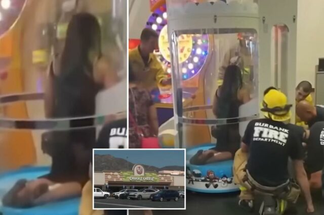 Um erro - sem adulto preso em Chuck E. Arcade de queijo - os bombeiros da Califórnia vêm para salvar

