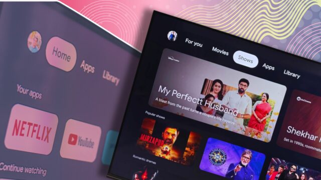 Uma TV inteligente montada em uma parede com uma tela de respingos do Google TV ao lado de diferentes caixas de streaming
