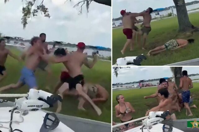 Uma luta diária selvagem explode entre os marinheiros vestidos com um maiô no lago da Flórida em frente a famílias, crianças: vídeo

