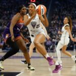 Monique Billings #25 do Golden State Valkyries comemora uma peça contra o Las Vegas Aces no primeiro tempo no Chase Center em 7 de junho de 2025 em San Francisco, Califórnia. (Foto de Thien-An Truong/Getty Images)