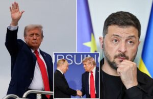 Zelensky diz que na segunda -feira ele encontrará Trump em DC para discutir “todos os detalhes sobre o fim do assassinato e da guerra” O presidente dos EUA, Donald Trump Council Air Force One, quando deixa a base comum de Elmendorf-Richardson em 15 de agosto de 2025 em Anchorage, no Alasca.
